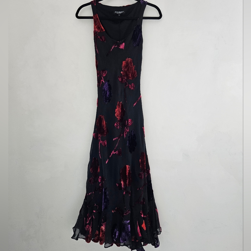 Betsey Johnson Vintage  Black Purple Red Orange Velvet Applique Ruffled Dress - Picture 14 of 16
